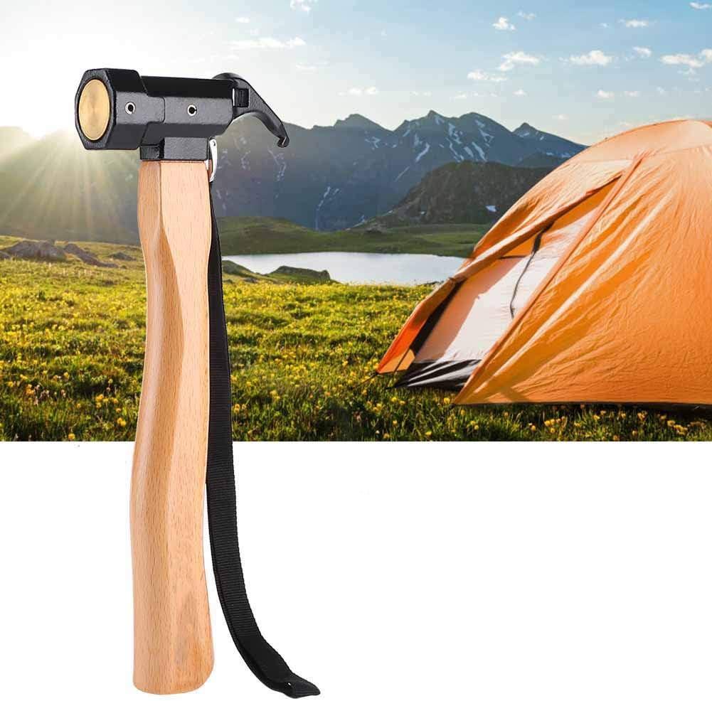 Camping Hammer Heavy Duty with Tent Stake Remover, 29cm Steel Copper Tent Hammer -Wood Handle Tent Mallet with Holding Strap for Hiking & Camping