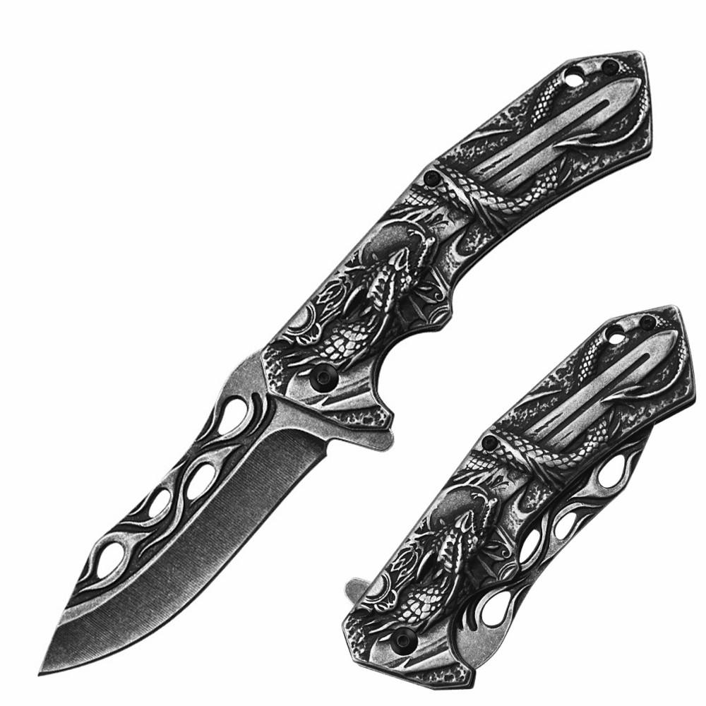 Handmade Dragon Pattern Hunting Knife - with  Folding Handle  - 20.8cm EDC Outdoor Knife -Survival Knife/Camping Knife/Pocket Knife/Folding Knife