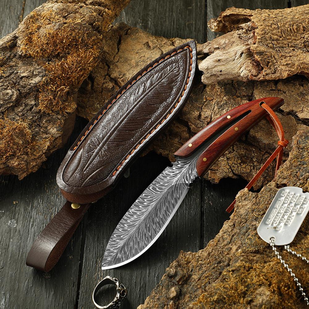 Handmade Skinning Knife Camping Knife - Overall 7.8'' High Carbon Steel Fixed Blade Knives Best EDC Knife Wood Handle With Sheath Belt loop for Carry