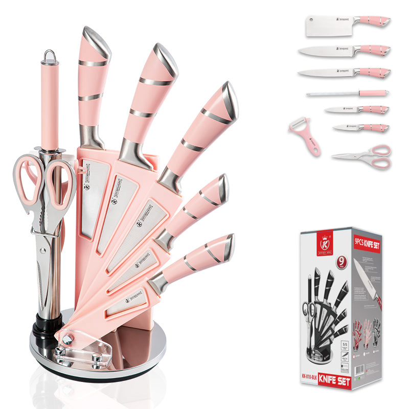 Kitchen Chef Knife Sharp 9 Piece Set, Premium Stainless Steel Knife Blade &  Hollow Non-Slip Handles - 360 Degree Rotating Block Stand, Cooking Set of  Knives ( Pink & Black ) – Housefibre