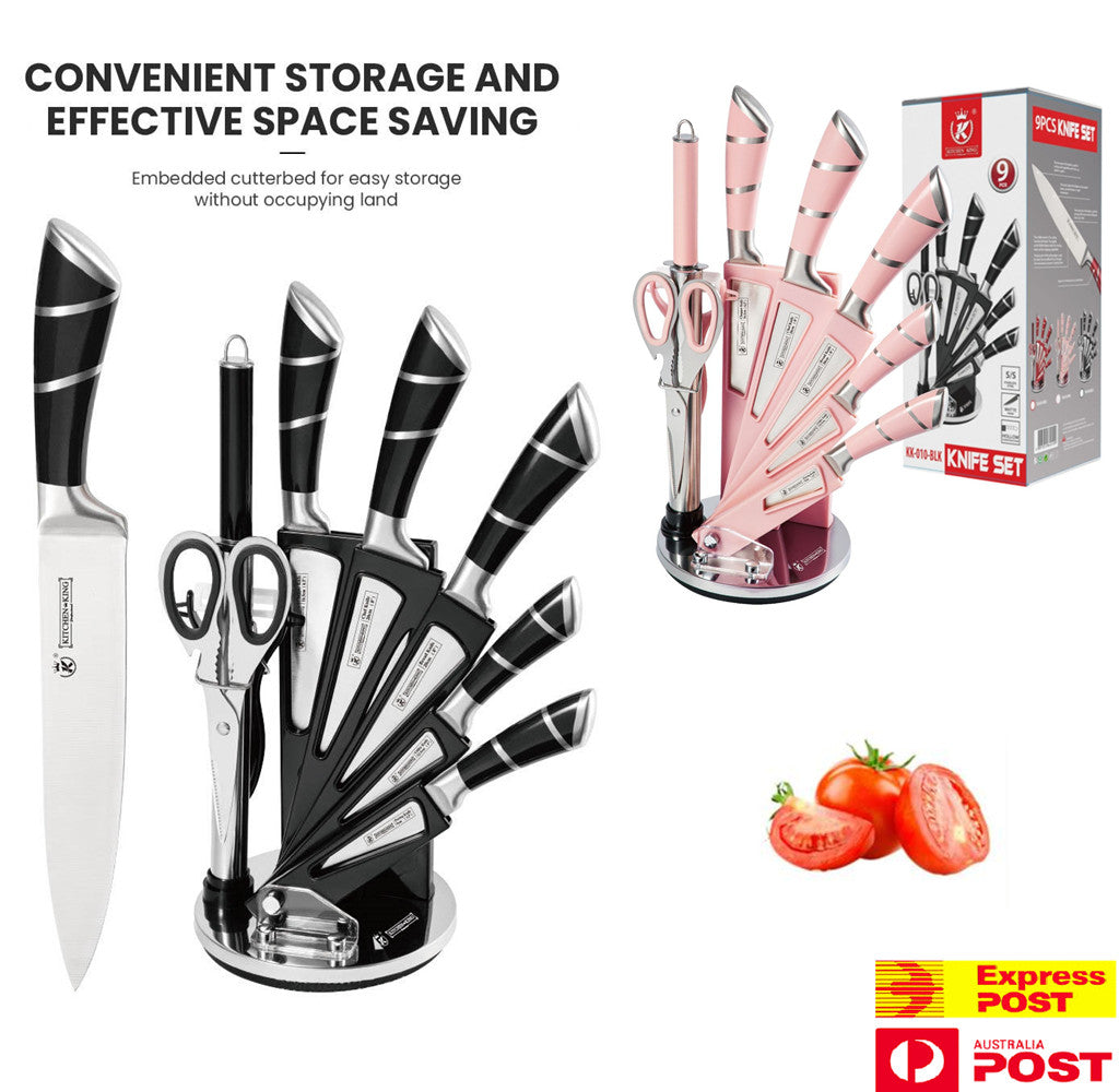 Kitchen Chef Knife Sharp 9 Piece Set, Premium Stainless Steel Knife Blade &  Hollow Non-Slip Handles - 360 Degree Rotating Block Stand, Cooking Set of  Knives ( Pink & Black ) – Housefibre
